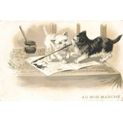 CHATS AI-DC941 DEUX CHATS JOUENT AVEC UN PORTE PLUME A COTE DE SON ENCRIER PUB AU BON MARCHE PARIS