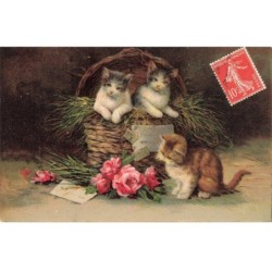 CHATS AI-DC919 TROIS CHATS DONT DEUX DANS UNE CORBEILLE ET UN DEVANT DES FLEURS