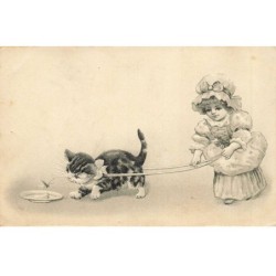 CHATS AC-MK955 FILLETTE ET CHAT TENUE EN LAISSE LIBELLULE