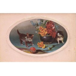 CHATS AC-MK878 DEUX CHATS UN POT DE FLEURS ET UNE BALLE