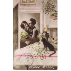 CHATS -MK40086 BONNE ANNEE UN HOMME ET UNE FEMME UN CHAT NOIR ET CHAMPAGNE