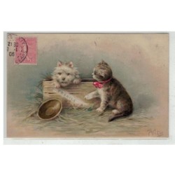 CHAT -17113 UN CHIEN DANS UN PANIER ET UN CHAT A NOEUD ROUGE PAR ILLUSTRATEUR