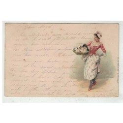 CHAT -17146 FEMME TENANT UN PANIER DE CHATONS