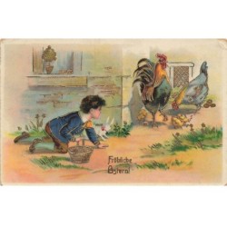 COQ -MK52835 FROBLICHE OSTERN UNE POULE UN COQ ET POUSSINS GAUFREE DORURE