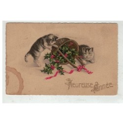 CHAT -17062 COUPLE DE CHATS GRIS TIGRE RENVERSANT UN PANIER DE GUI HEUREUSE ANNEE