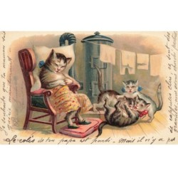 CHATS -MK40099 CHAT HUMANISER ASSIS SUR UN FAUTEUIL CHAUSSON ET CHATS QUI JOUENT