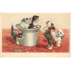 CHATS -MK40104 CHIENS ET CHATS DANS UN CHAPEAU NOEUD PAPILLON