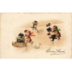 CHATS -MK40101 BONNE ANNEE CHIENS ET CHATS LUGES PATINS A GLACE ILLUSTRATEUR GERMAINE BOURET