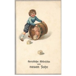 COCHON -FG58212 HERZLICHE MUNFCHE ZUM NEUEN JAHR ENFANT ET COCHON DANS TONNEAU JEU DE DES VOEUX