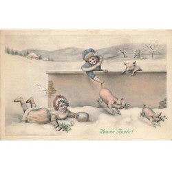 COCHON -26223 ENFANTS JOUANTS AVEC DES COCHONS BONNE ANNEE DECOR HIVER NEIGE TYPE VIENNE