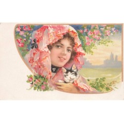 CHATS -MK39849 UNE FILLE ET SON CHAT FLEURS DECOR ART NOUVEAU PAR ILLUSTRATEUR