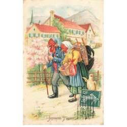 OISEAUX -MK41594 JOYEUSES PAQUES COQ ET POULE HUMANISES HABILLES PANIER D OEUFS