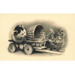 CHATS -MK39983 DEUX CHATS JOUET CHARETTE EN BOIS