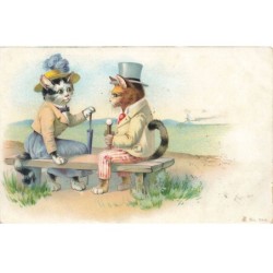 CHATS -MK39971 DEUX CHATS HUMANISER HABILLE ASSIS SUR UN BANC CHAPEAU ROBE COSTUME PARAPLUIE PAR ILLUSTRATEUR
