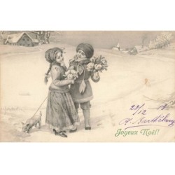 COCHONS -MK41622 JOYEUX NOEL DEUX ENFANTS AVEC UN COCHON TENU EN LAISSE ILLUSTRATEUR M.M VIENNE