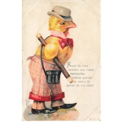 OISEAUX -MK41593 POUSSIN HUMANISE CHAPEAU MELON CANNE SAC A MAIN HUMOUR