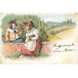 CHATS -MK39969 DEUX CHATS HUMANISER HABILLE ROBE COSTUME BOUQUET DE FLEURS PAYSAGE PAR ILLUSTRATEUR