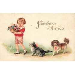 CHATS -MK43636 HEUREUSE ANNEE CHAT CHIEN ENFANT PANIER DE FLEURS