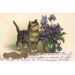 CHATS -MK43631 CHAT GRIS FLEURS MYOSOTIS VIOLETTE