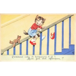 CHAT -35283 CHATS CAT KATZE CHATS HUMANISES DESCENDANT ESCALIER SUR LA RAMPE PAR ILLUSTRATEUR NOUNOURS TEDDY OURSON