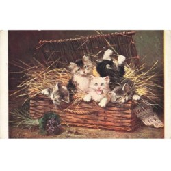 CHATS -MK41480 CHATS DANS UN PANIER DE PAILLE FLEURS