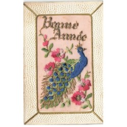 ANIMAUX PAON -FG57012 BONNE ANNEE CARTE BRODEE FLEURS ET PAON