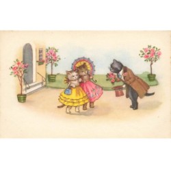 CHATS -MK40006 CHATS HUMANISER ROBES COSTUME PARAPLUIE CHAPEAU BOUQUET DE FLEURS ROSES