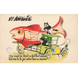 CHATS -MK41487 1ER AVRIL POISSON ATTACHE PAR UN CHAT SUR UNE VOITURE AUTO CAMION