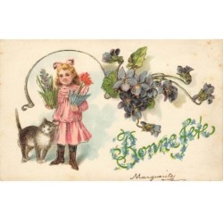 CHATS -MK40000 BONNE FETE FILLETTE BOUQUETS DE FLEURS ET UN CHAT