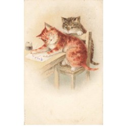 CHATS AB-MK283 DEUX CHATS HUMANISES ECRITURE SUR UNE FEUILLE