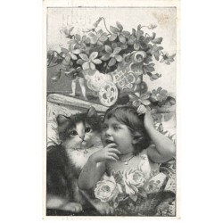 CHAT -MK33257 PETITE FILLE AVEC UN CHAT PBLICITE AU NEGRE GOURMAND PARIS 75011