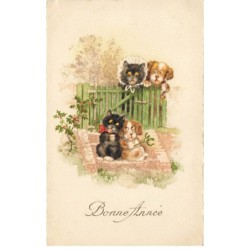 CHATS -MK39865 BONNE ANNEE CHIENS ET CHATS TENDRESSE BRANCHE DE GUI