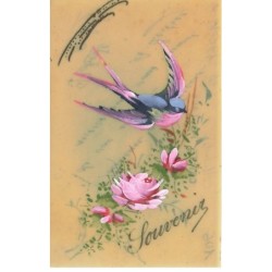 ANIMAUX -SAN47211 OISEAUX VOLANT AU DESSUS DES FLEURS CELLULOID SOUVENIR
