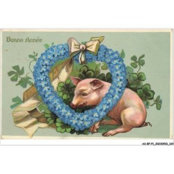 AS-BFP1-0063 - Animaux - Cochon - Bonne année - Cœur fait en myosotis