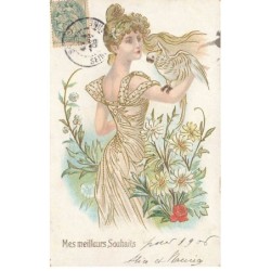 ANIMAUX -SAN47202 OISEAUX FEMME TENANT UN PERROQUET SUR SON BRAS FLEURS