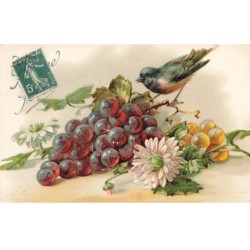ANIMAUX -SAN47222 OISEAU MANGEANT DU RAISIN FLEURS DALHIAS