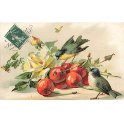 ANIMAUX -SAN47221 OISEAUX MANGEANT DES CERISES FLEURS ROSES PAPILLON