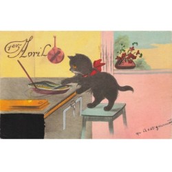 CHAT -35297 CHATS CAT KATZE NOIR BLACK 1 ER AVRIL CHAT DANS LA CUISINE EDIT MGA 1004