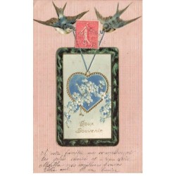 OISEAUX -MK44998 DOUX SOUVENIR HIRONDELLES CADRE AVEC UN COEUR AU CENTRE FLEURS