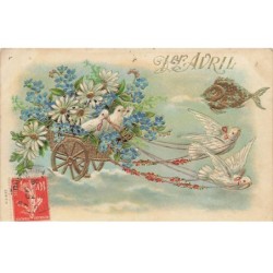 ANIMAUX -SAN47214 OISEAUX COLOMBES TIRANT UN ATTELAGE REMPLI DE FLEURS MYOSOTIS POISSONS 1ER AVRIL