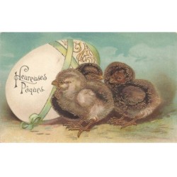 ANIMAUX -SAN47203 OISEAUX 3 POUSSINS A COTE D UN OEUF HEUREUSES PAQUES NOEUD