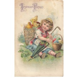 OISEAUX -MK46736 JOYEUSES PAQUES UN GARCON HOTE POUSSINS OEUFS PARAPLUIE