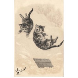CHAT -MK34365 DEUX CHATS CAT KATZE TOMBENT DE LA LUGE GAUFREE