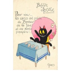 CHATS CHAT -FG35174 CAT KATZE NOIR VOYANTE LES CARTES ONT PREDIT BONHEUR BONNE ANNEE  PAR GEO