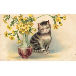 CHATS CHAT -FG35128 CAT KATZE UN CHAT A COTE D UN VASE REMPLI DE CAPUCINE GAUFREE