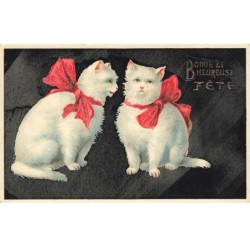 CHATS CHAT -FG35104 CAT KATZE DEUX CHATS BLANCS A NOEUDS ROSES BONNE ET HEUREUSE FETE