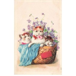 MIKIEP11-027- TROIS CHATS DANS UN PANIER FLEURS VIOLETTES