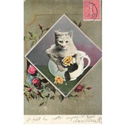 MIKIH- 0116 CHAT BLANC DANS UN POT DE CHAMBRE DECOR ART NOUVEAU