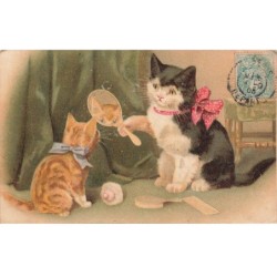 MIKIFP9-001- CHAT NOIR ET CHATON ROUX MIROIRE NOEUDS PAPILLONS