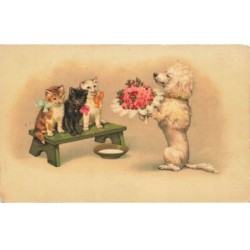 MIKIFP9-008- TROIS CHATS SUR UN BANC ET UN CHIEN AVEC UN BOUQUET DE FLEURS